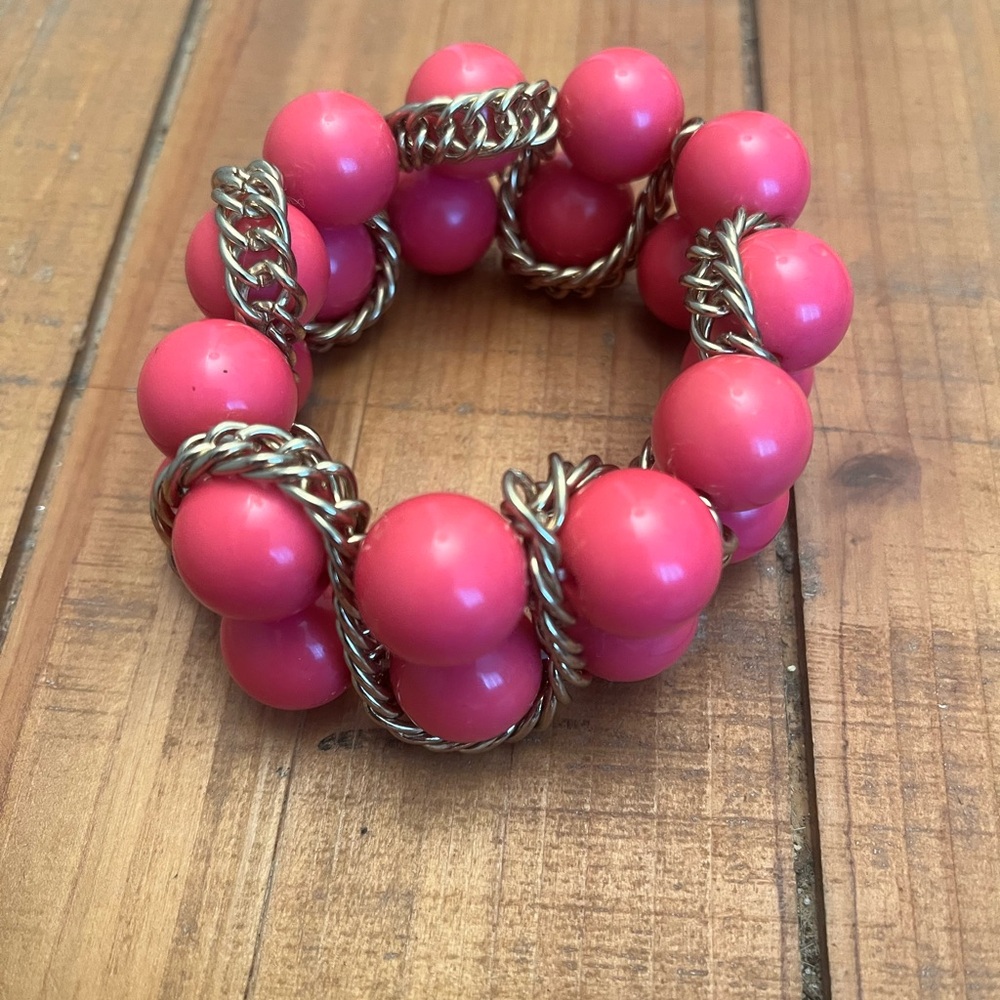 Pink Bead Bracelet Gold Accents Stretchable Quality Made Good Weight Bangle Cuff